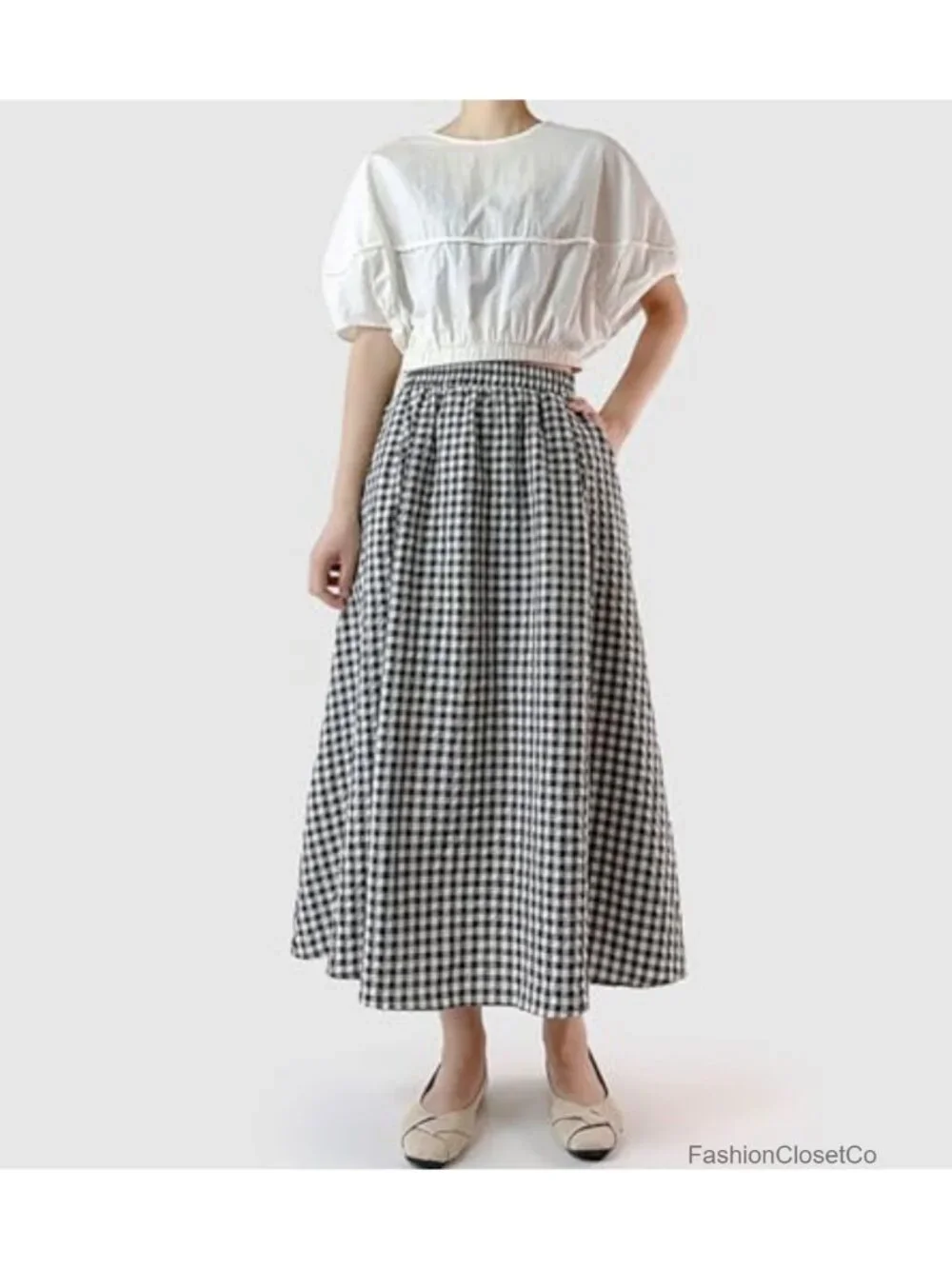Women's Cotton Blend Pleated A-Line Midi Skirt with Pockets
